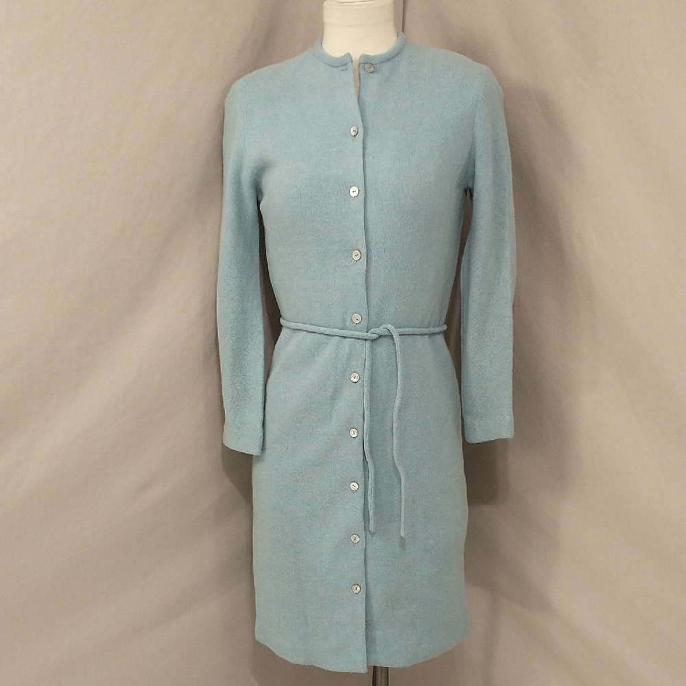 Vintage Designer Cardigan Sweater Dress Ice Blue Belted Midi Anne Fogarty SeeMsm